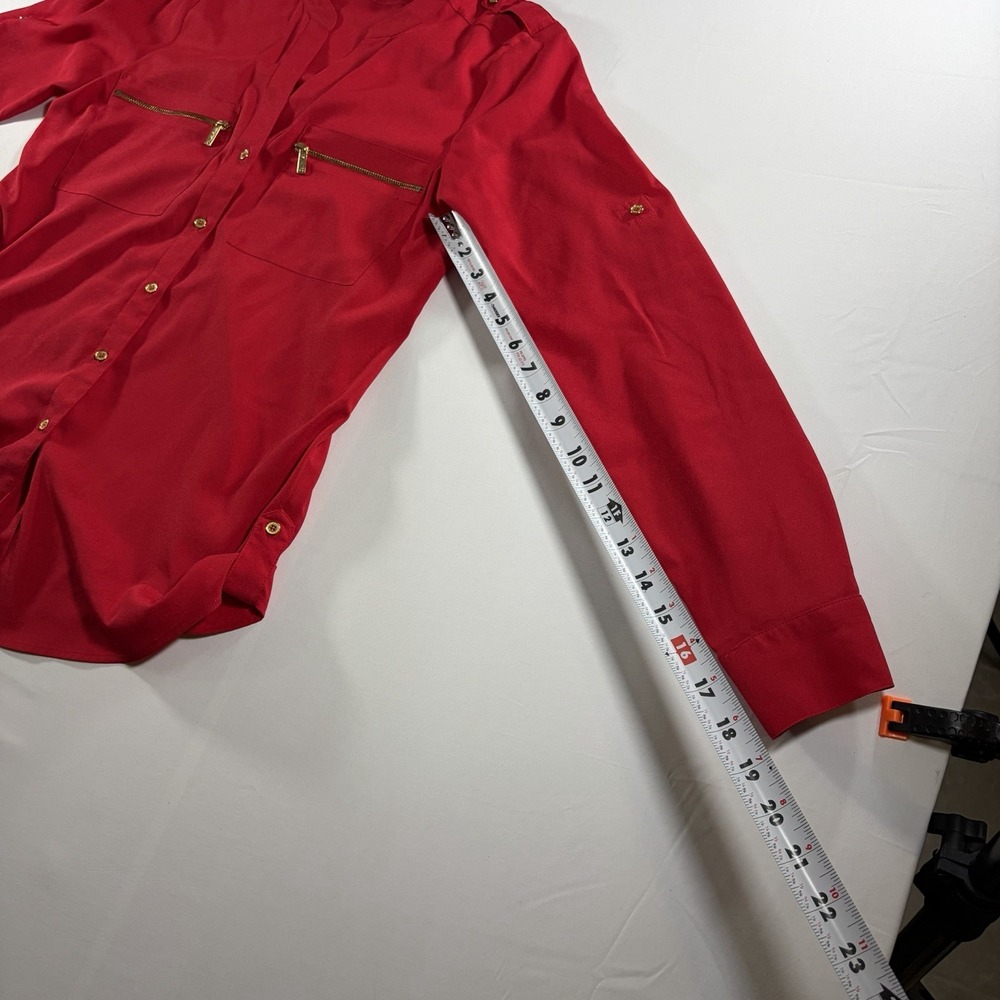 Calvin Klein Women's XS Red Utility Blouse Gold Zip Pocket Button Shirt Roll Tab - Picture 6 of 8